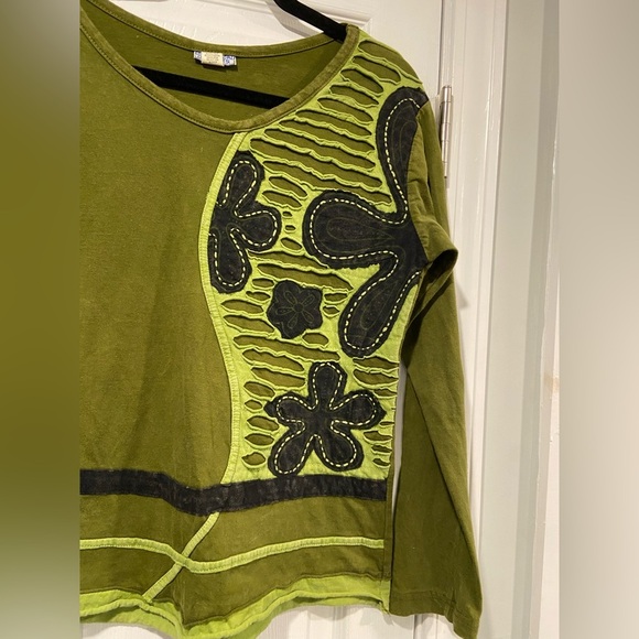 Mexicali Blues Size S Green Mixed Fabric Embroidered Boho Long Sleeve Top - Picture 3 of 11